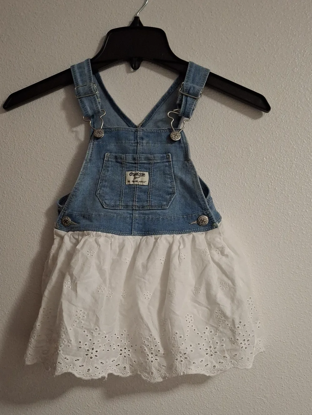 OshKosh B'gosh Light Blue Denim Bib with White Eyelet Skirt Overalls 2T